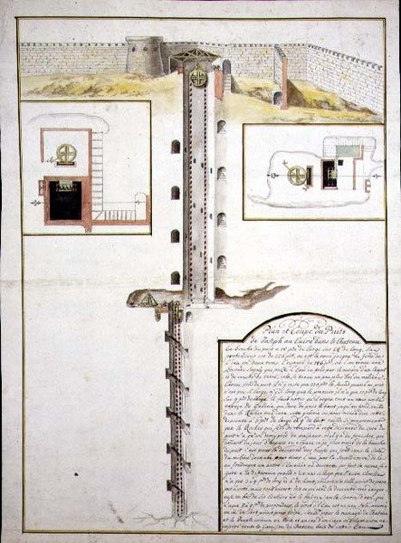 Piano e sezione trasversale di un pozzo, c.1700 da French School