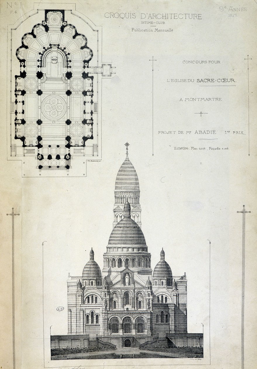 Piano e elevazione del Sacro Cuore, progetto di Mr. Abadie, fine XIX secolo da French School