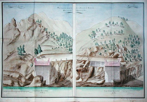Piano per la costruzione di un ponte di pietra sul fiume Liamone in Corsica da French School