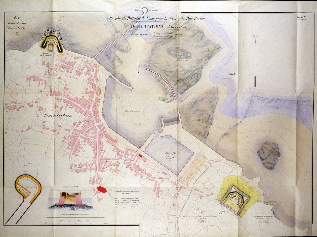 Piano per la costruzione delle batterie costiere per la difesa del porto di Bretone nel 1848 da French School
