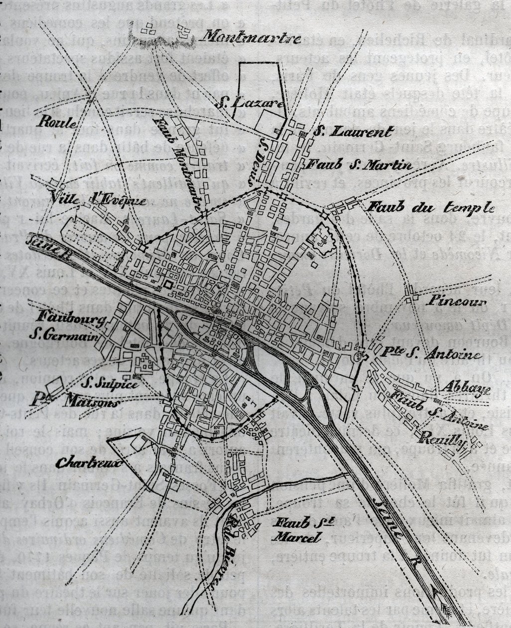 Piano di Parigi sotto Enrico III (1580) Incisione in "Histoire physique, civile et morale de Paris: depuis les premiers temps historiques à nos jours" di Jacques Antoine Dulaure da French School