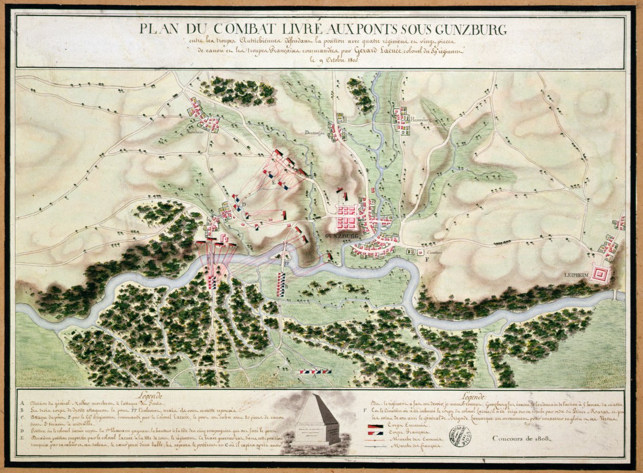 Piano degli eventi alla Battaglia di Gunzburg tra truppe austriache e francesi nel 1805, 1808 da French School