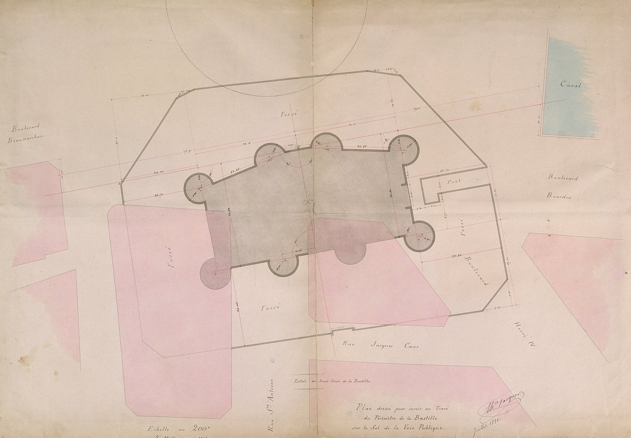 Piano che mostra le linee perimetrali della Bastiglia, 1830 da French School