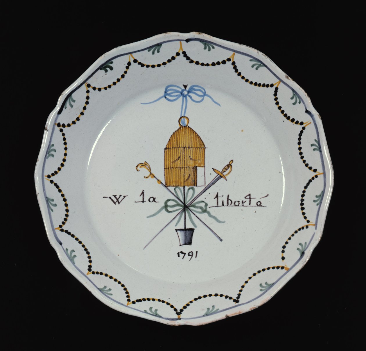 Piatto con una gabbia per uccelli aperta e la leggenda Vive la Liberté, 1791 da French School