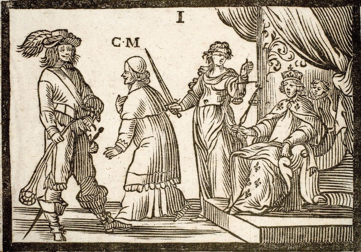 Pamphlet politico Mazarinade: Mazarino bandito dalla Giustizia e dalla Fronda, lascia il Re (Luigi XIII). Incisione su legno 1651. da French School