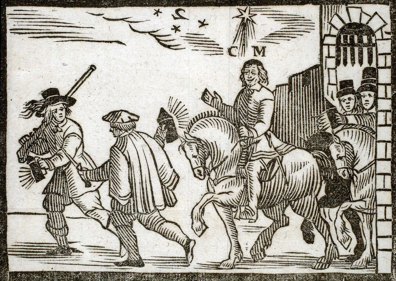 Pamphlet politico Mazarinade: Mazarin fugge da Parigi a cavallo, nel mezzo della notte, preceduto da due valletti che portano lanterne. Incisione su legno 1651 da French School