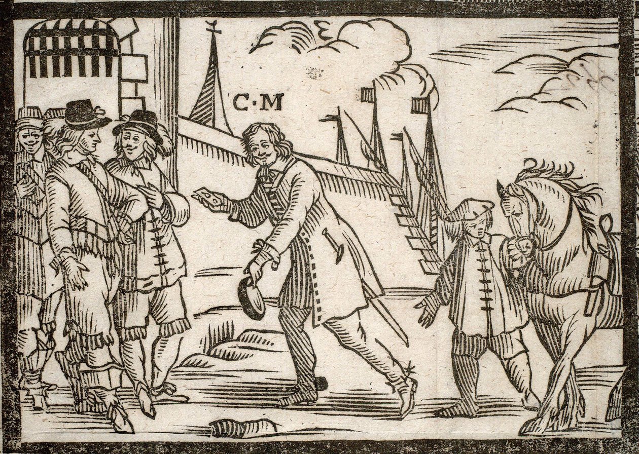 Pamphlet politico Mazarinade: Mazarin libera i principi a Le Havre, incisione su legno da French School