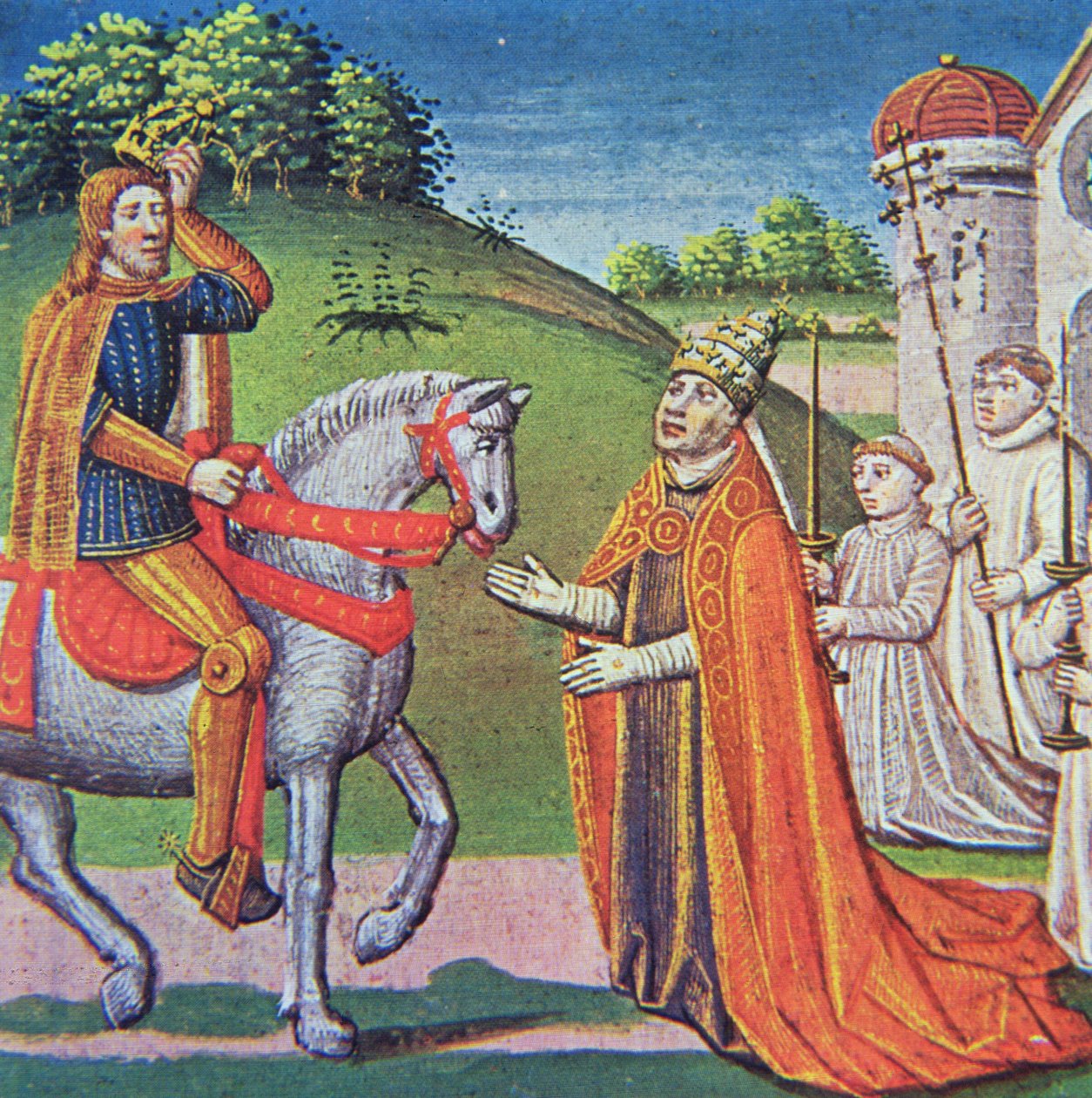 Papa Adriano I incontra Carlo Magno, miniatura dalle 