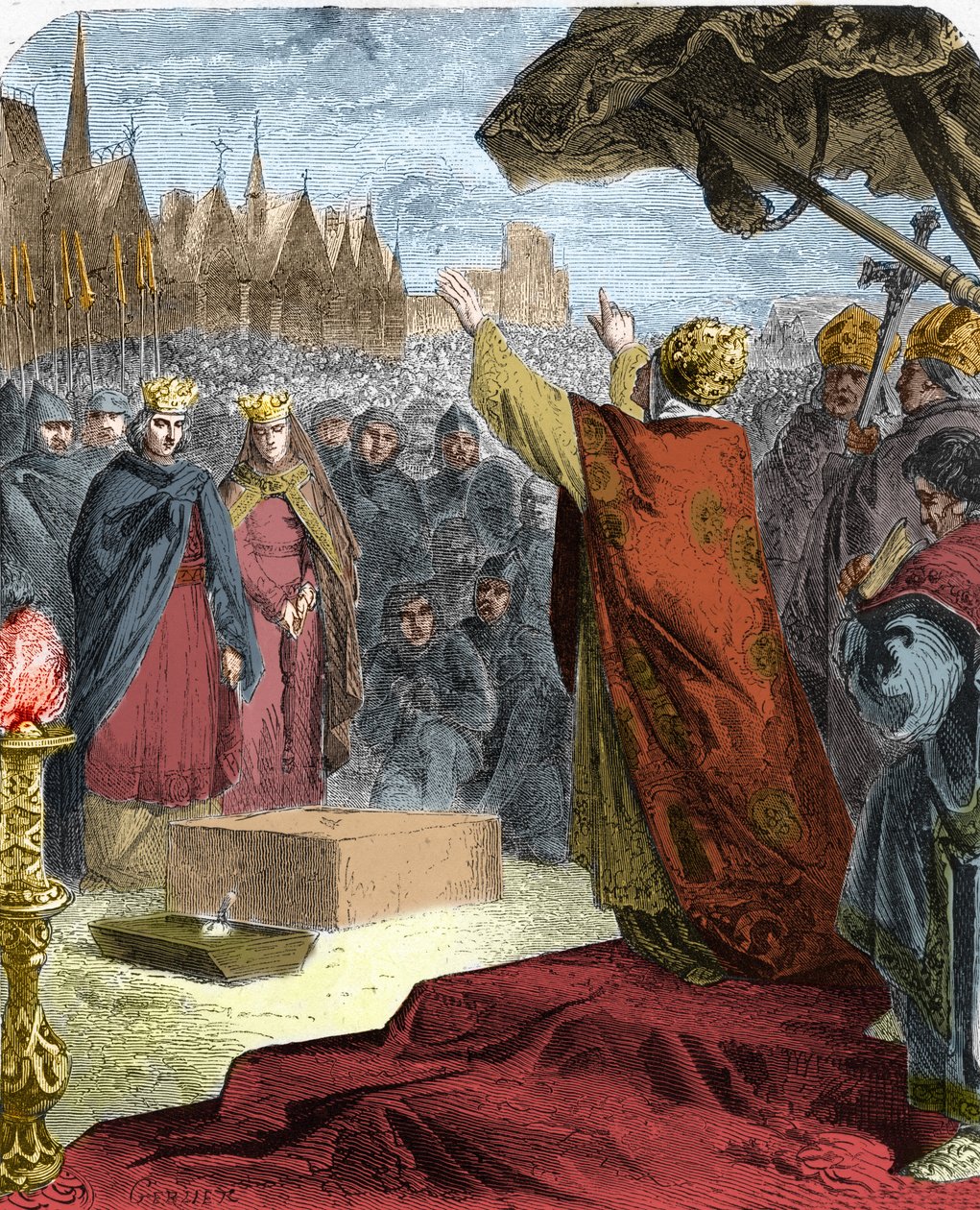 Papa Alessandro III (Orlando Bandinelli) (Alessandro III) posò, nel 1163, la prima pietra della cattedrale di Notre Dame de Paris (Notre-Dame) alla presenza del Re Luigi VII di Francia e del vescovo Maurice de Sully. da French School