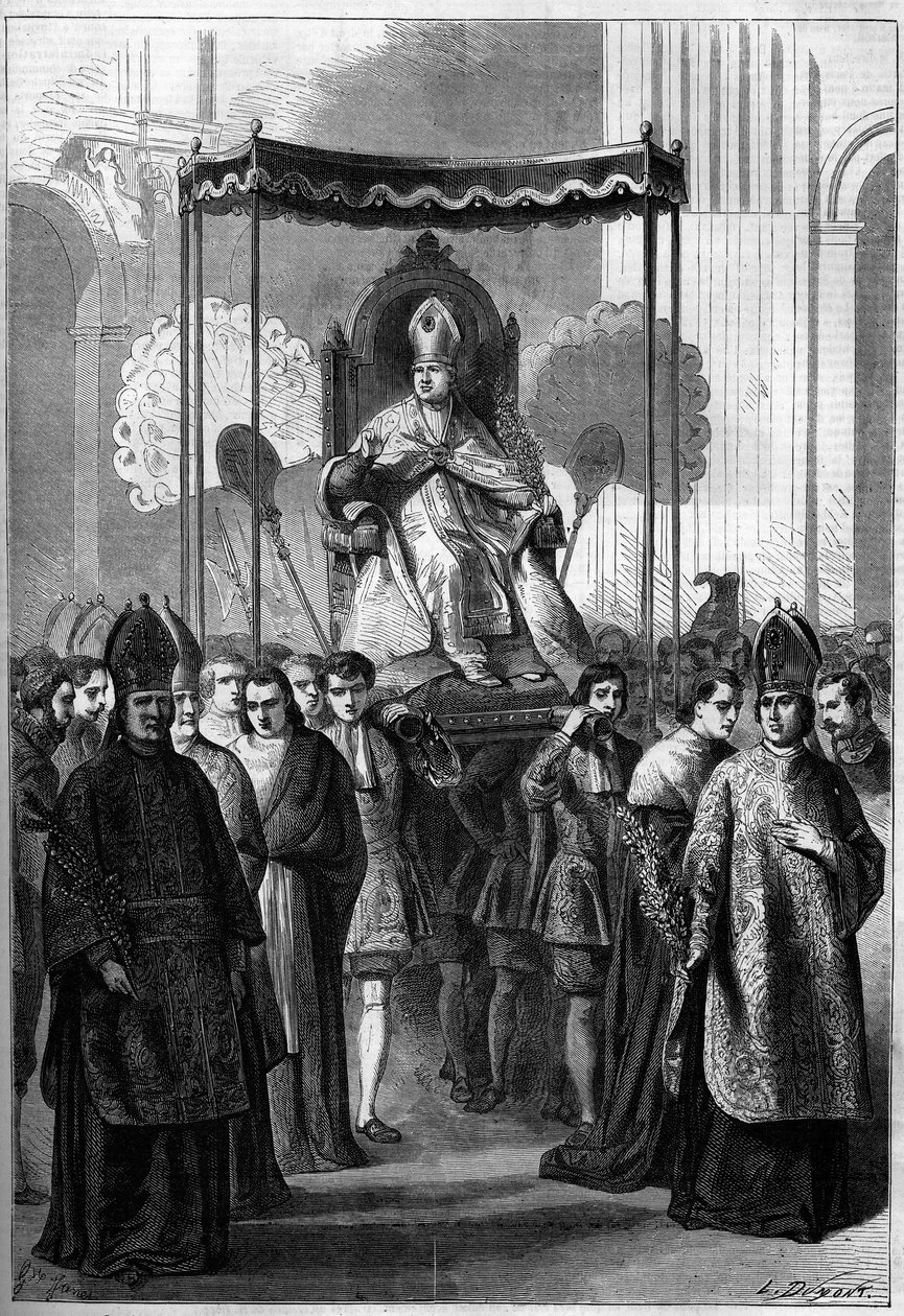 Papa Pio IX (1792-1878) portato processionalmente alla Chiesa di San Pietro a Roma (Italia) la Domenica delle Palme del 1861. Incisione in 