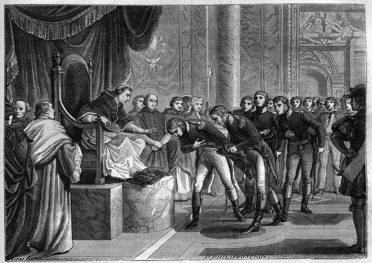 Papa Pio VII (1742-1823) riceve a Roma i marinai francesi membri degli equipaggi dei due brigantini "San Pietro" e "San Paolo" offerti in dono al Papa da Bonaparte, agosto 1802 - Incisione del 1865 in "Histoire du Consulat et de l