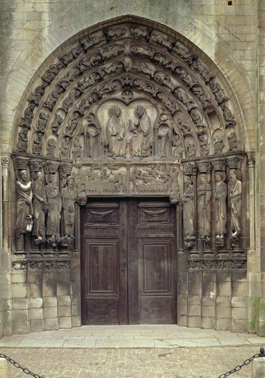 Portale e sculture circostanti con figure e scene bibliche tra cui la sepoltura da French School