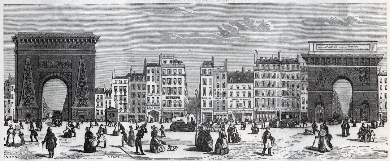 Porte Saint-Denis e rue faubourg Saint Denis - porte saint Martin e rue faubourg Saint-Martin Incisione in "Tableau-de-Paris" di Edmond Texier (1815-1887) da French School