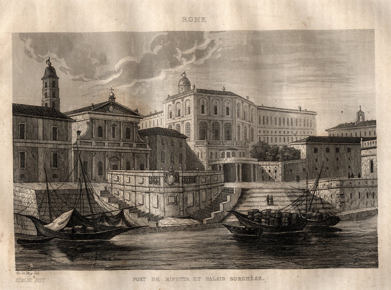 Porto di Ripetta e Palazzo Borghese - Roma - Incisione da "Italia pittoresca" - Dipinto storico e descrittivo dell
