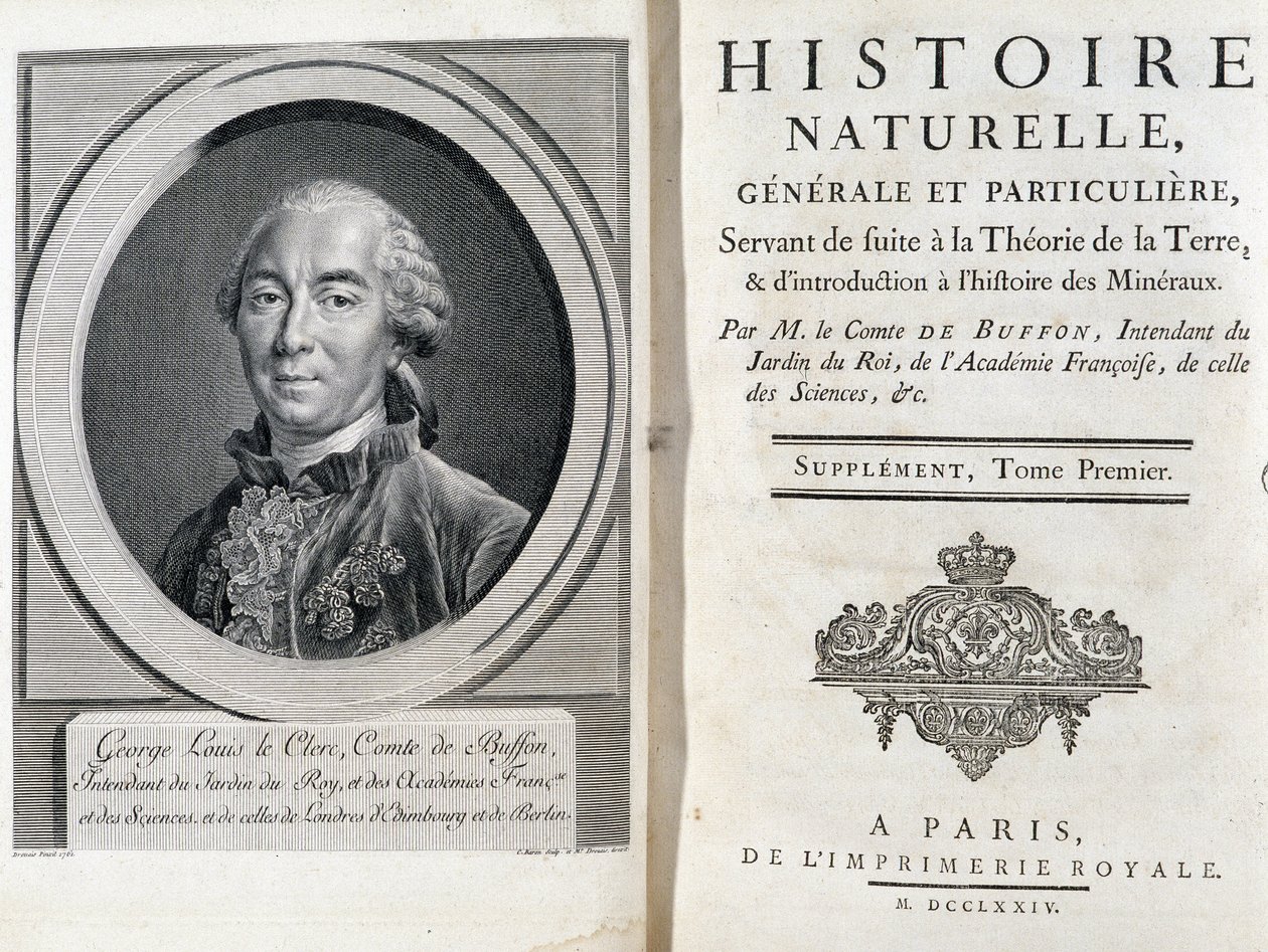 Ritratto e pagina del titolo di “Storia naturale, generale e particolare” di Buffon da French School