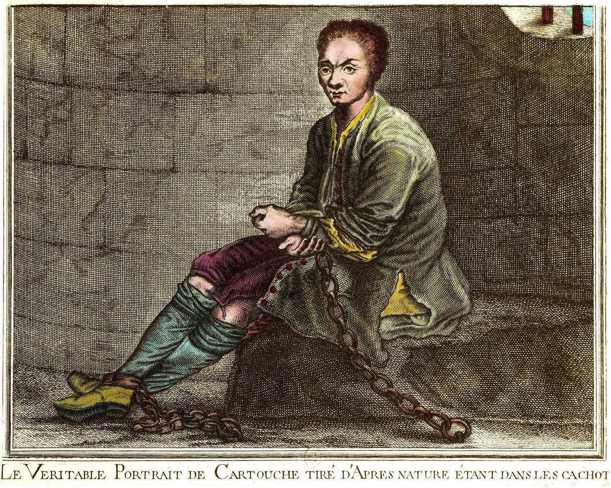 Ritratto a figura intera di Louis Dominique Cartouche (1693-1721), brigante francese nella sua prigione. Incisione del XVIII secolo Collezione privata da French School