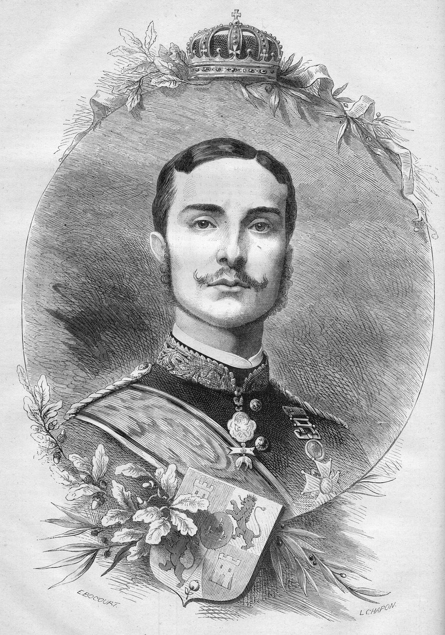 Ritratto di Alfonso XII (1857-1885), Re di Spagna. Incisione in "Le Monde Illustré" n.1085 del 19 gennaio 1878 da French School