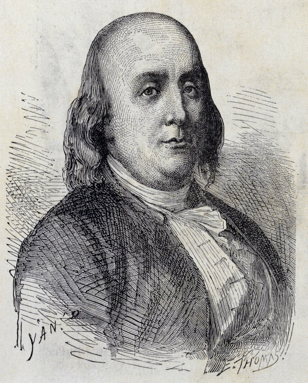 Ritratto di Benjamin Franklin (1706 - 1790), politico, memorialista, pamphlettista e fisico americano - in "Album della Scienza; studiosi illustri; Grandi scoperte" 1896 da French School