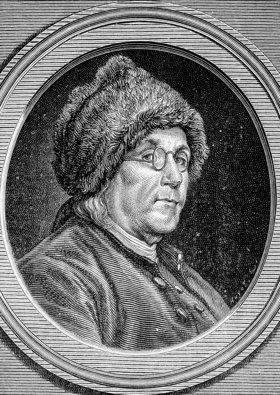 Ritratto di Benjamin Franklin (1706 - 1790), politico, memorialista, pamphletista e fisico americano - in "Album della Scienza; illustri studiosi; Grandi Scoperte" 1896. da French School