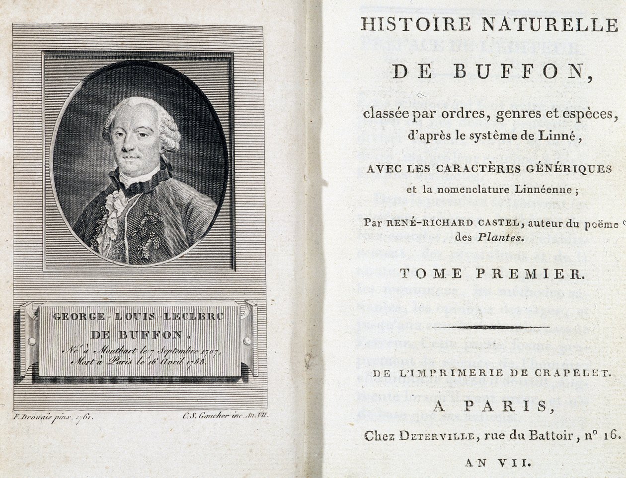 Ritratto di Buffon e la pagina del titolo di Storia Naturale di Buffon classificata per ordini, generi e specie, secondo il sistema di Linneo da French School