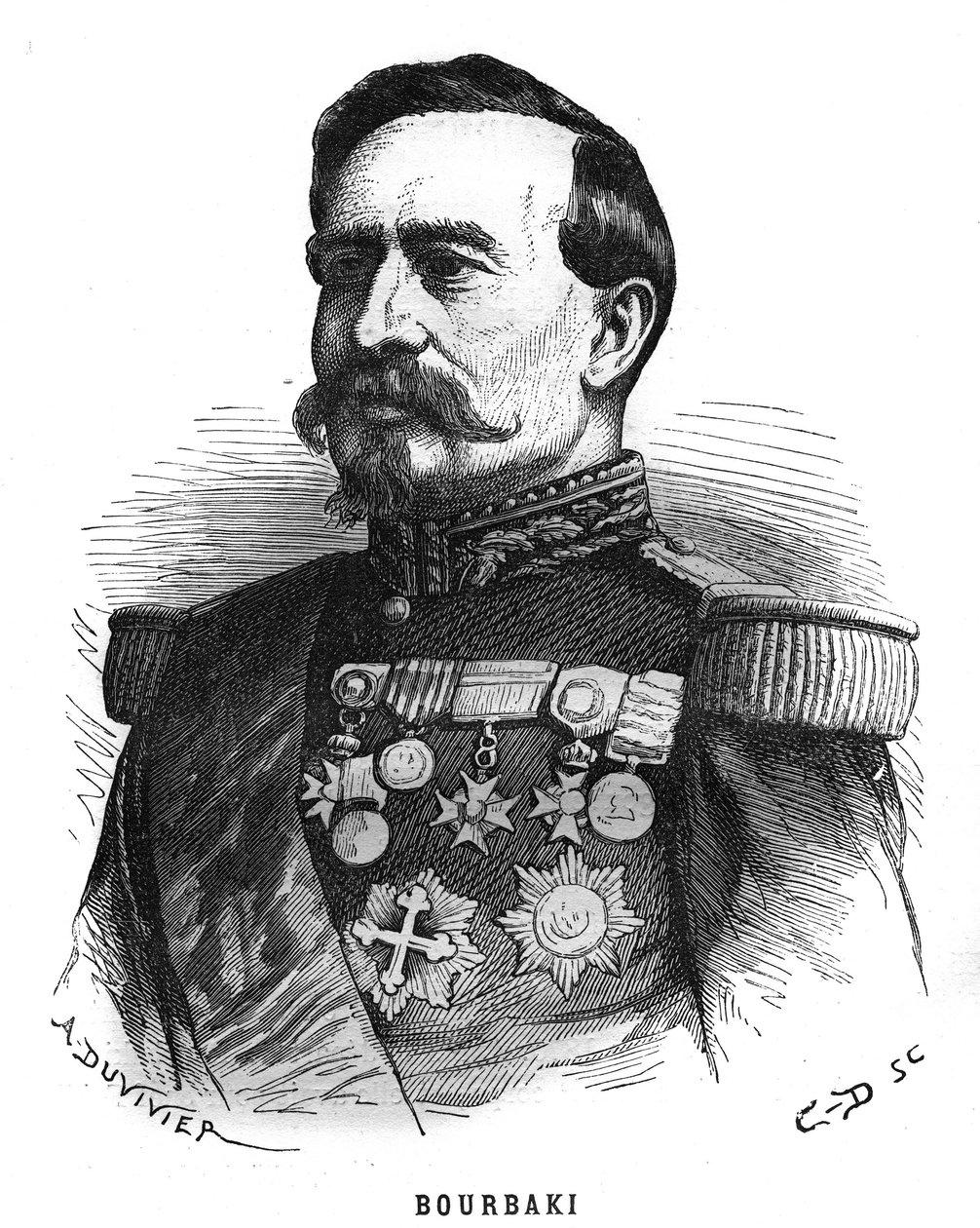 Ritratto di Charles Denis Bourbaki (1816-1897), ufficiale francese. Incisione in "Le Illustrazioni dell