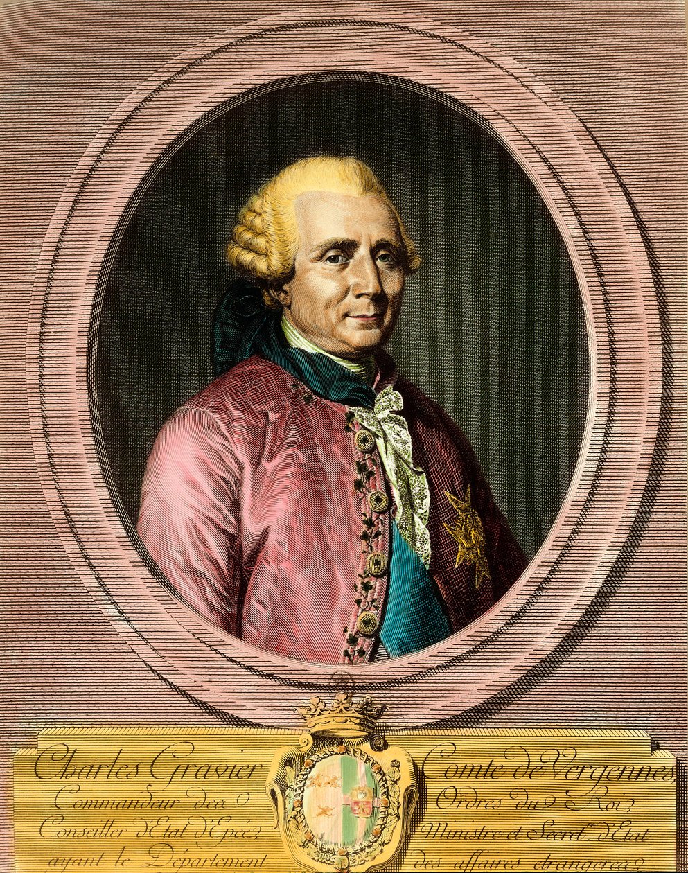 Ritratto di Charles Gravier, Conte di Vergennes (1719 - 1787). Incisione del XVIII secolo. Collezione privata. da French School
