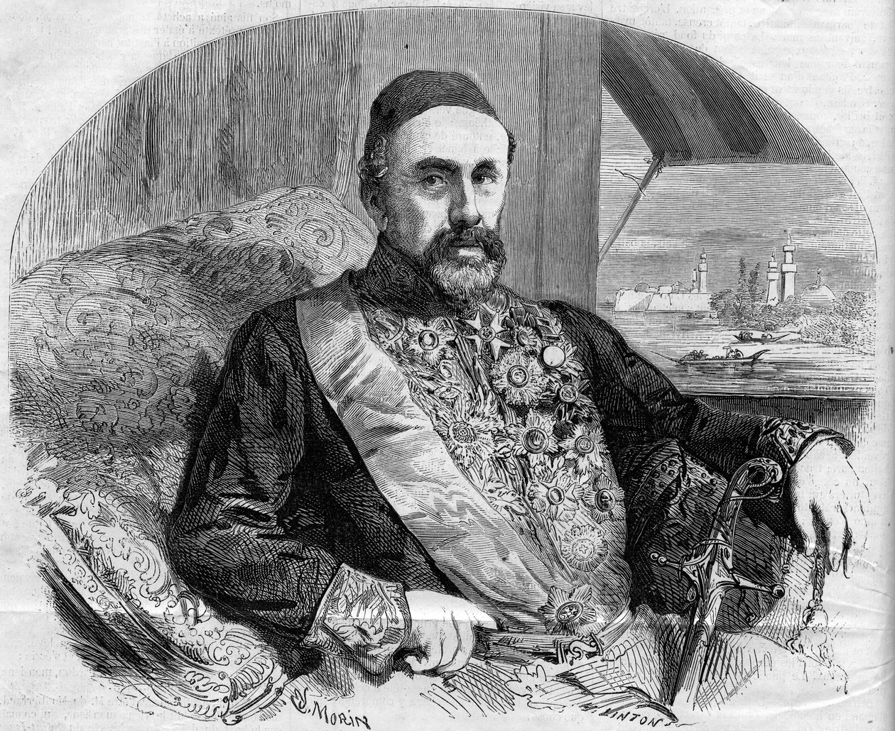 Ritratto di Fouad Pasha (1815-1869), politico e ambasciatore turco. Incisione di Morin in "Il Mondo Illustre" n. 65 del 10 luglio da French School