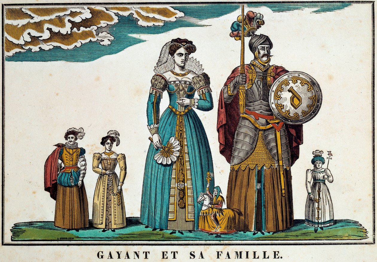 Ritratto di Gayant, un gigante che simboleggia la città di Douai, raffigurato con la sua famiglia: sua moglie, Marie Cagenon, e i suoi tre figli, Jacquot, Fillon e Binbin. Incisione del XVIII secolo, immaginario di Belfort. Collezione Ferrand da French School