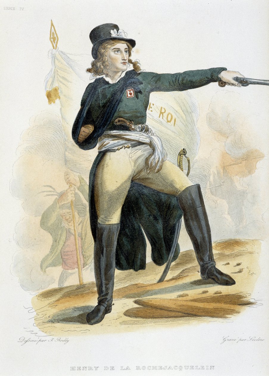 Ritratto di Henri du Vergier, Conte di La Rochejaquelein (1772-1794) con la bandiera "vive le roi" (sul petto l