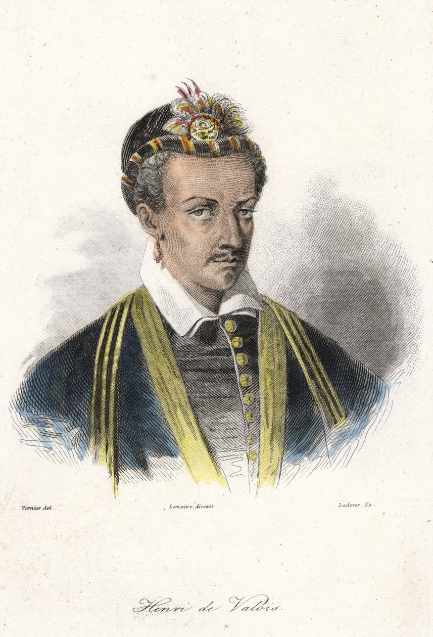 Ritratto di Enrico III (1551 - 1589), Re di Francia. (con un orecchino). Incisione del XIX secolo da French School