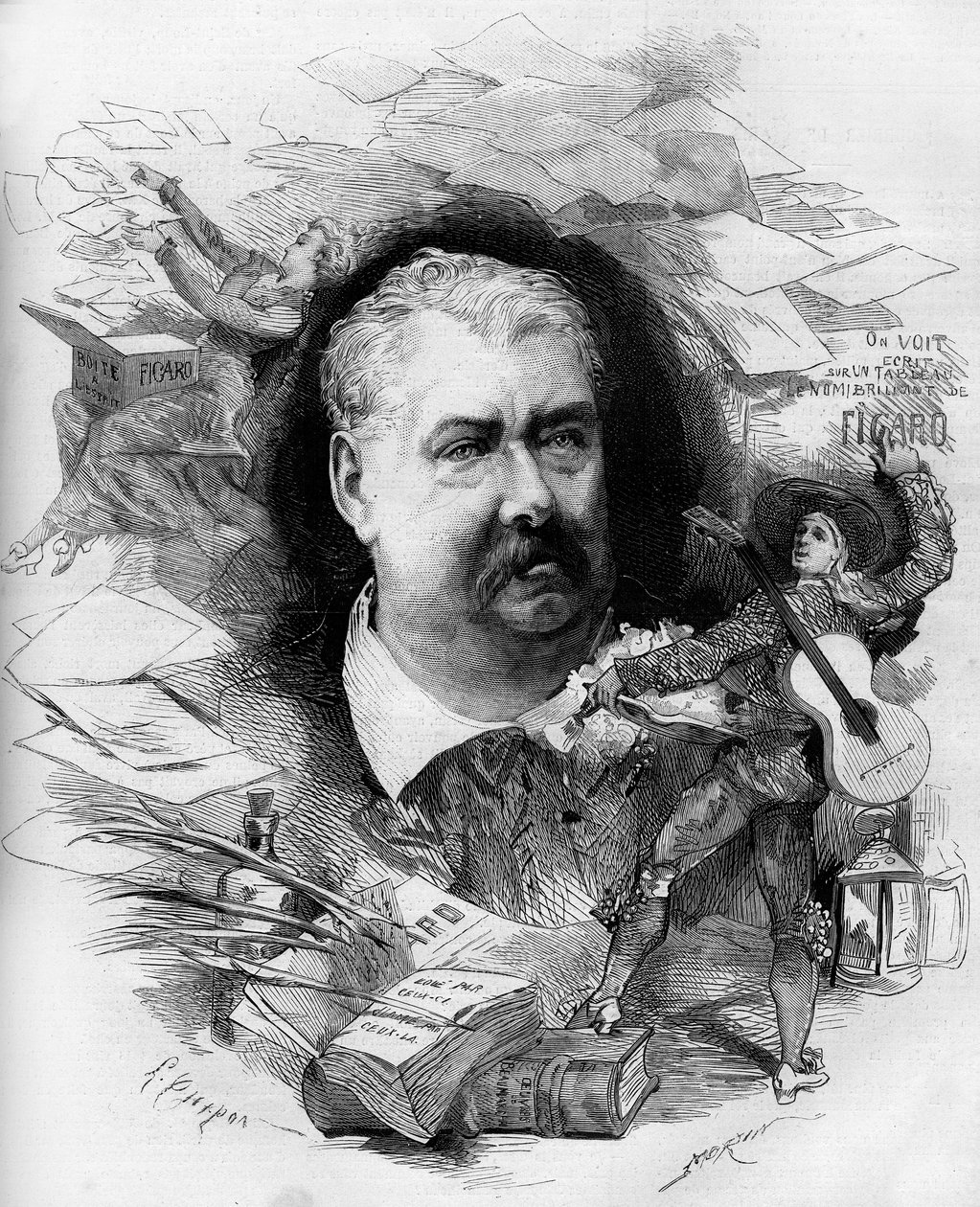Ritratto di Hippolyte de Villemessant (1810-1879), giornalista francese, fondatore del "Figaro". Incisione in "Le Monde Illustré" n.1151 del 19 aprile 1879 da French School