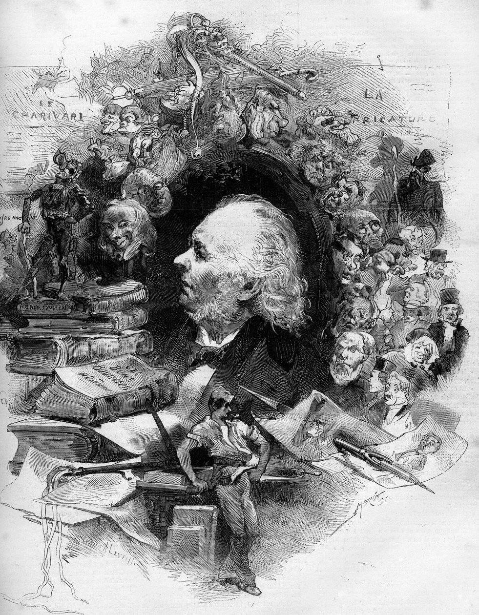 Ritratto di Honore Daumier (1808-1879), caricaturista, pittore e disegnatore francese. Incisione in "Le Monde Illustré" n.1143 del 22 febbraio da French School