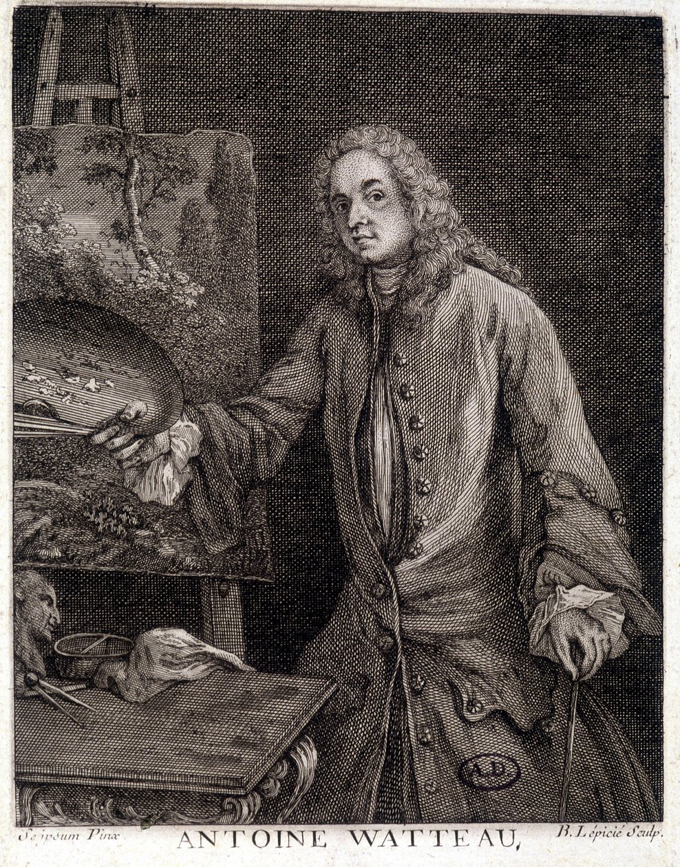 Ritratto di Jean Antoine Watteau (1684-1721), pittore francese - incisione da French School