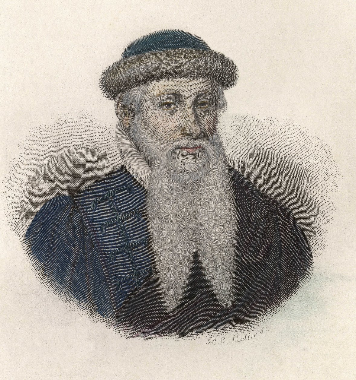 Ritratto di Johannes Gensfleisch detto Gutenberg (1394/99-1468), tipografo tedesco. In "Portraits of Useful Men" da French School
