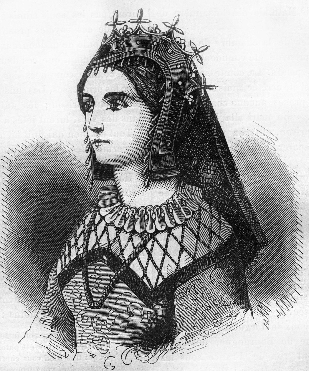 Ritratto di Giuditta di Francia (843-870), Regina del Wessex poi Contessa delle Fiandre. Incisione in “Histoire de la prostitution et de la débauche dans les peuples du globe depuis l