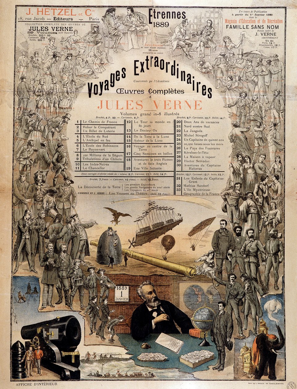 Ritratto di Jules Verne e scene delle sue opere - Poster pubblicitario per le sue opere complete da French School