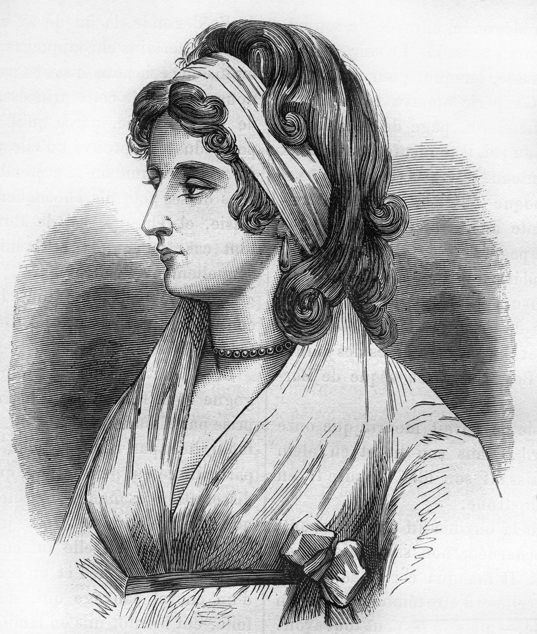 Ritratto di Lady Hamilton (Emma Lyons) (1765-1815) amante di Horatio Nelson detto Ammiraglio Nelson (1758-1805). Incisione in “La storia della prostituzione e della depravazione tra tutti i popoli del mondo dall
