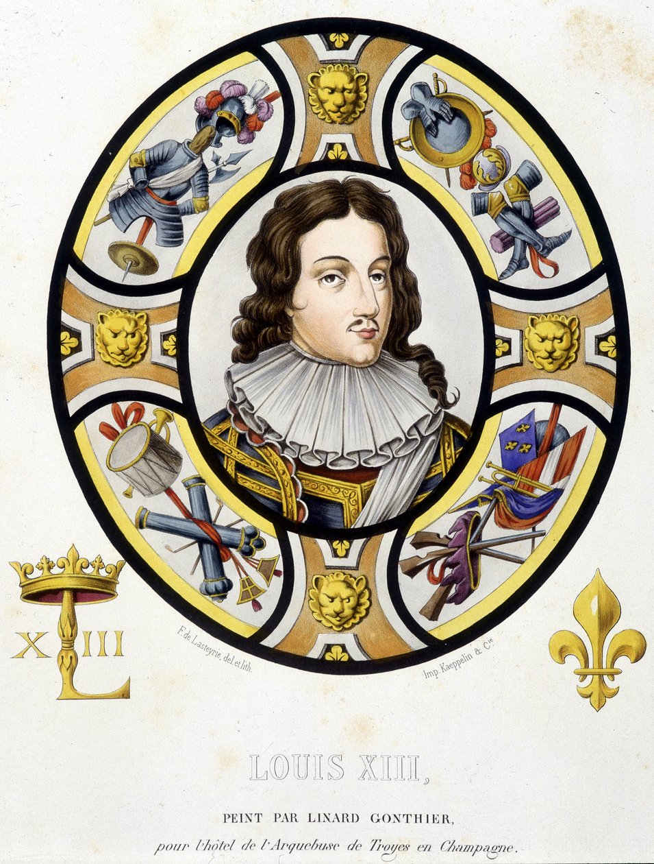 Ritratto di Luigi XIII Re di Francia (1601-1643). Fac simile di una vetrata del Medioevo in "Histoire de la peinture sur verre" di Ferdinand de Lasteyrie da French School