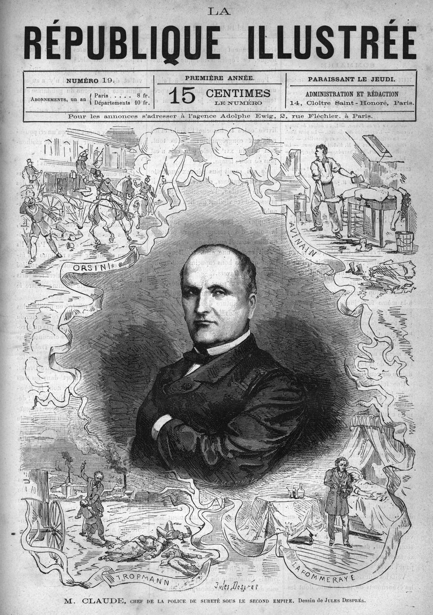 Ritratto di Monsieur Claude (Antoine Francois Claude detto) (1807-1880), poliziotto e scrittore francese, capo della polizia di sicurezza sotto il Secondo Impero. Un giornale. Incisione del 1880 in "La republique illustree" collezione privata da French School