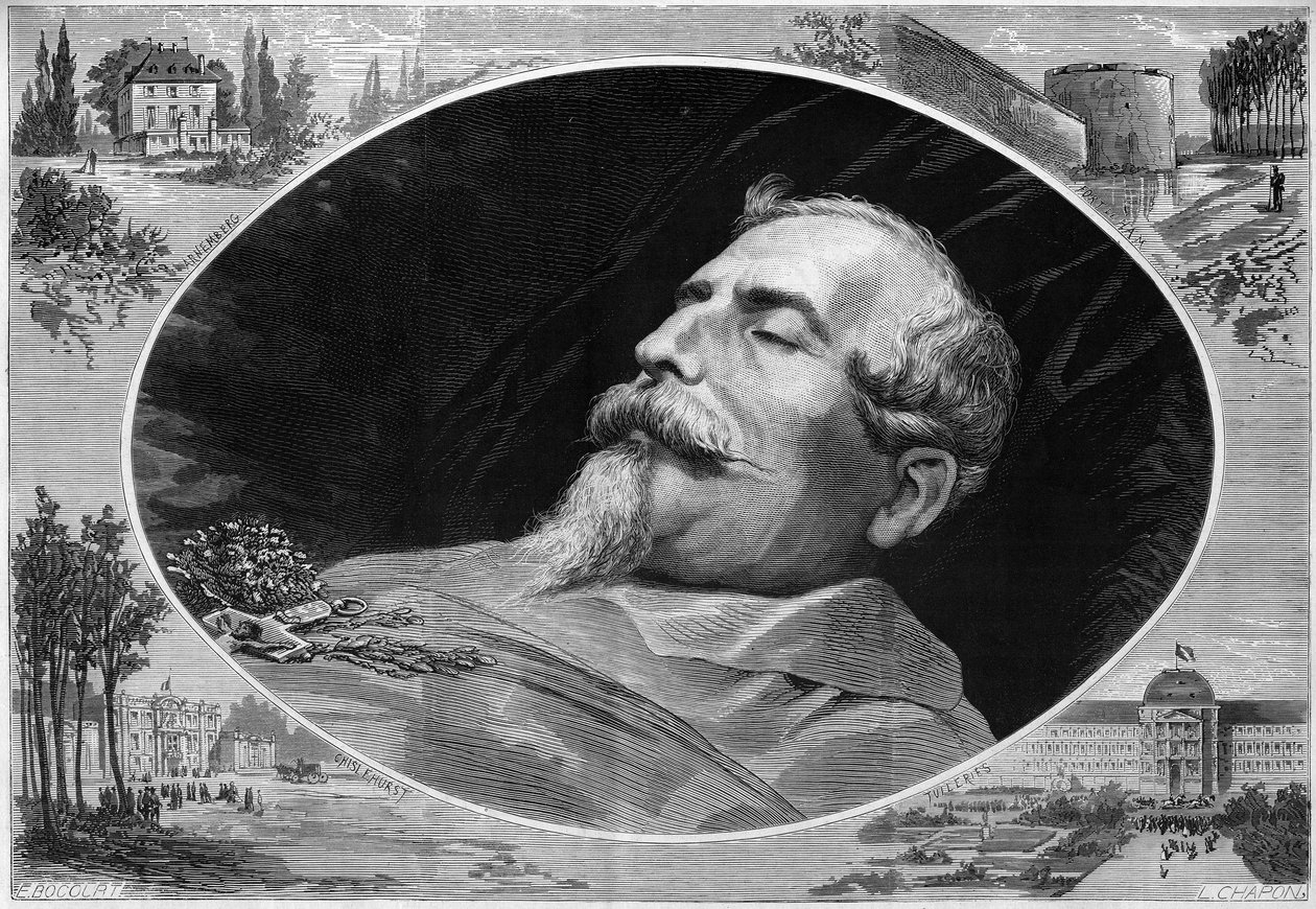 Ritratto di Napoleone III (1808-1873), sul letto di morte. Incisione in 