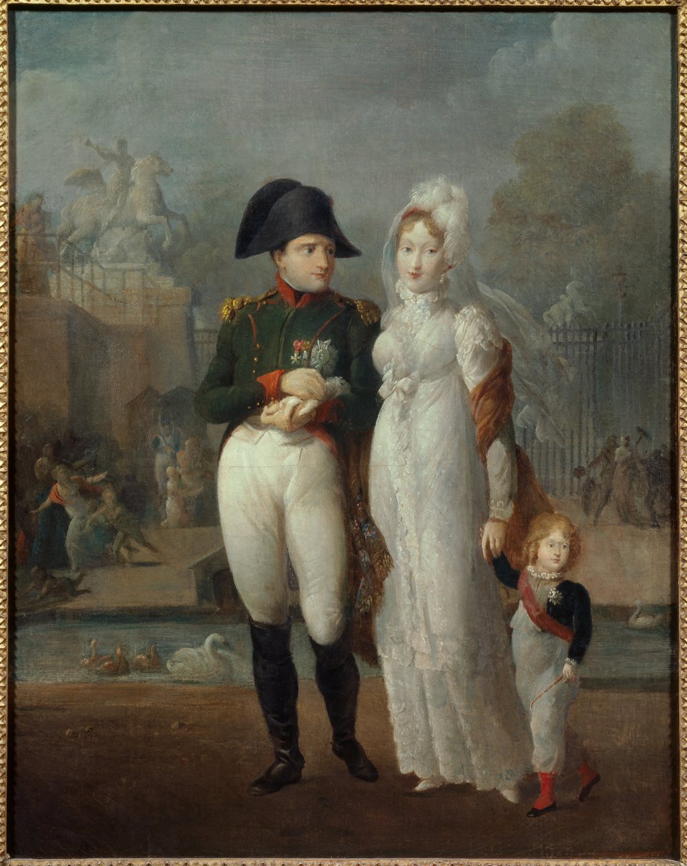 Ritratto di Napoleone I (1769-1821) e Maria Luisa con il loro figlio, Re di Roma Napoleone II, Duca di Reichstadt nei Giardini delle Tuileries da French School