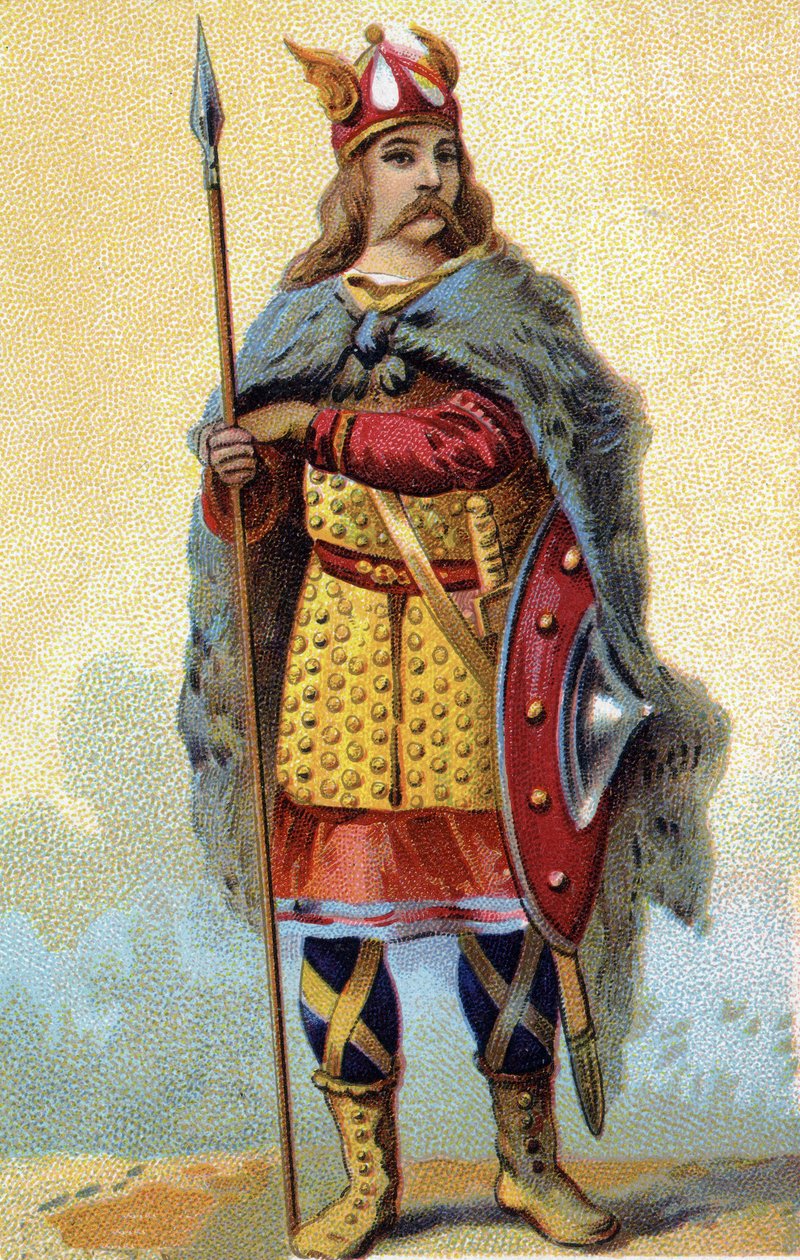 Ritratto di Faramondo, re dei Franchi Salii (regno tra 420-428). Cromolitografia intorno al 1890 da French School