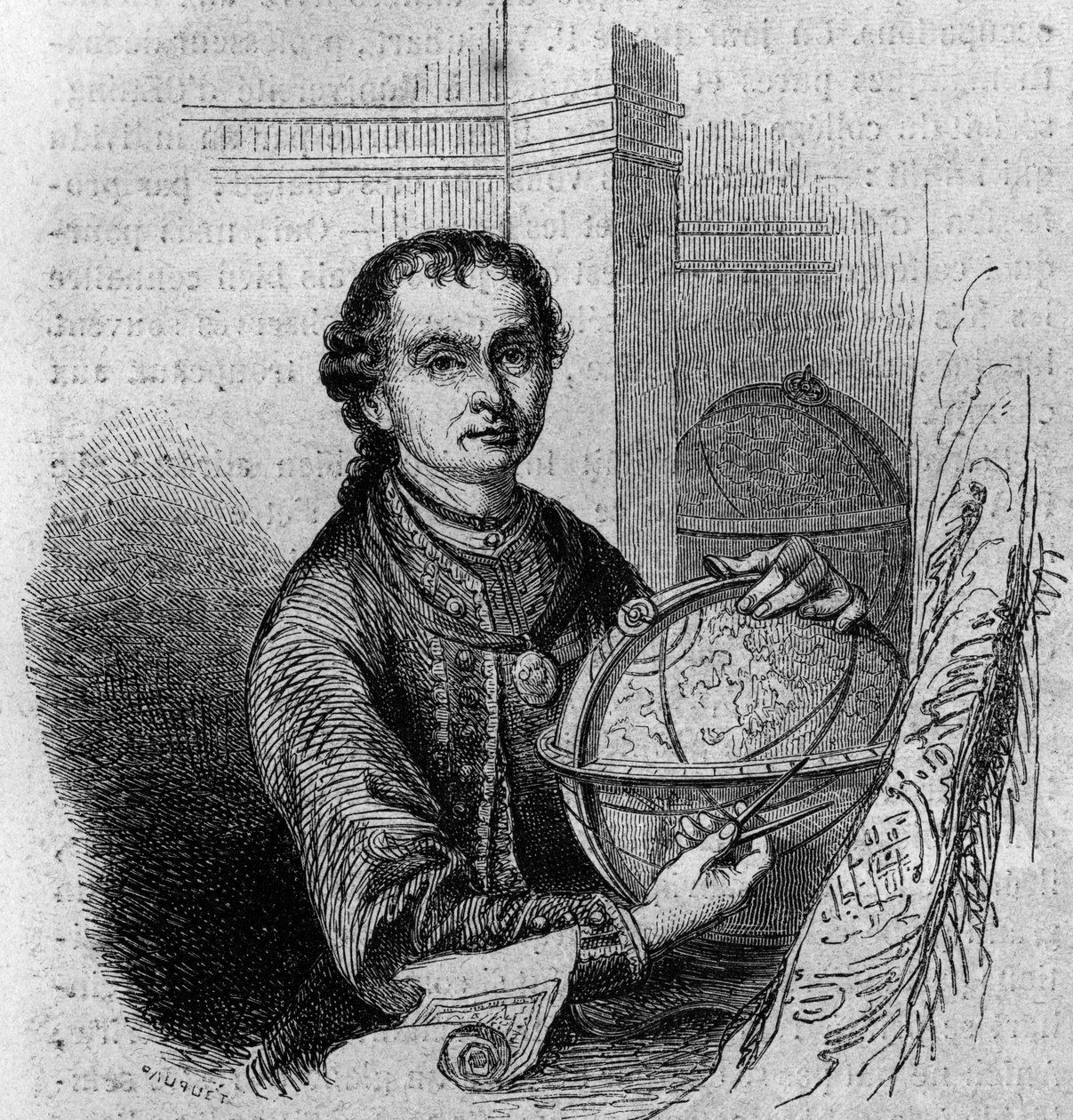 Ritratto di Pierre (Peter) Anich (1723-1766), astronomo e cartografo tirolese, con un globo e un compasso. Incisione in 