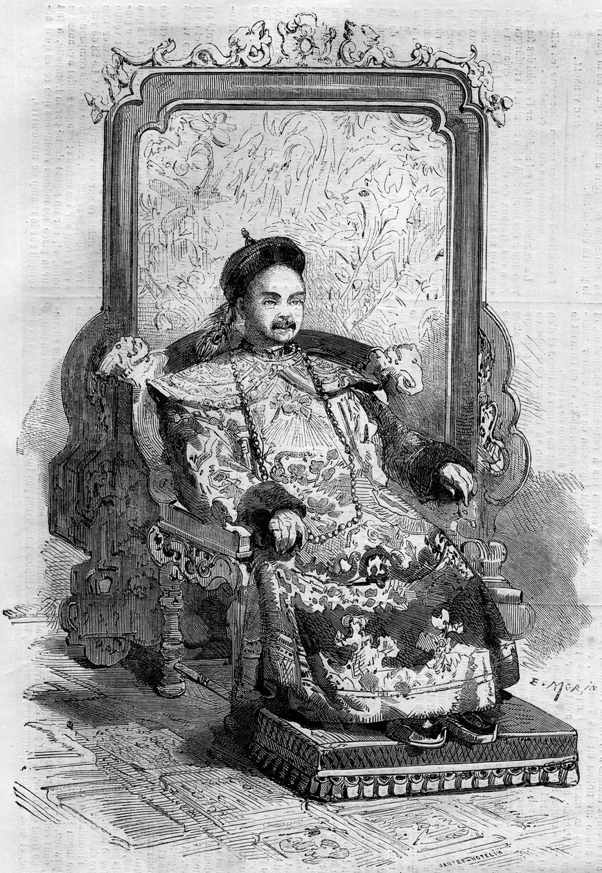 Ritratto di Xianfeng, imperatore della Cina della dinastia Qing. Incisione in "Le Monde Illustré" n.199 del 2 febbraio da French School