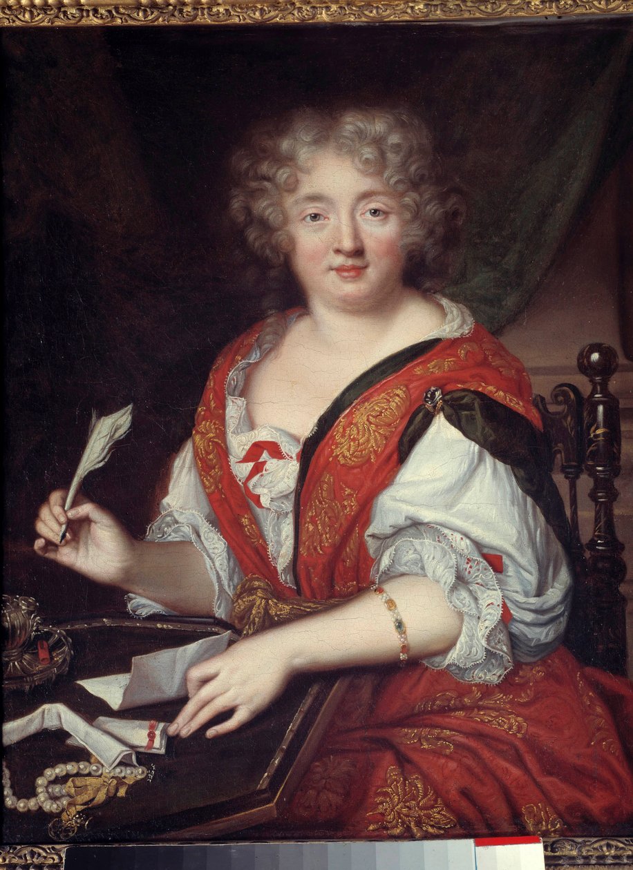 Ritratto di una donna che scrive precedentemente identificata come Madame de Sevigne. Potrebbe essere Marie de Rabutin-Chantal, Marchesa de Sevigne, donna di lettere. Indossa un braccialetto a metà braccio. Dipinto anonimo da French School