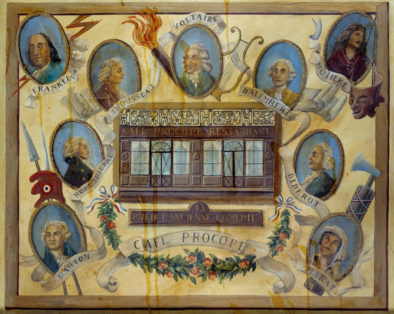 Ritratto di figure storiche e vista del caffè parigino Le Procope: Benjamin Franklin, Jean Jacques Rousseau, Voltaire, Jean D
