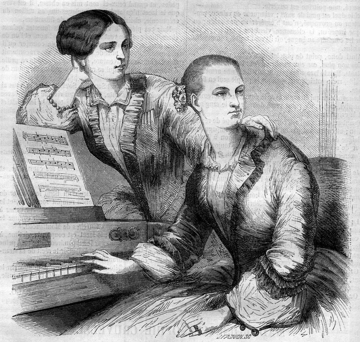 Ritratto delle sorelle Cruvelli, ballerine tedesche. Sophie Cruvelli (Johanna Sofia Charlotte Cruwell, detta) (1826-1907) e Marie Cruvelli (Friederike Marie Cruwell, detta) (1824-1868). Incisione del 1852. da French School