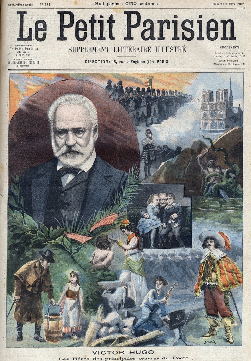 Ritratto dello scrittore francese Victor Hugo (1802-1885) con illustrazioni delle sue opere principali. Incisione in "Le Petit Parisien" da French School