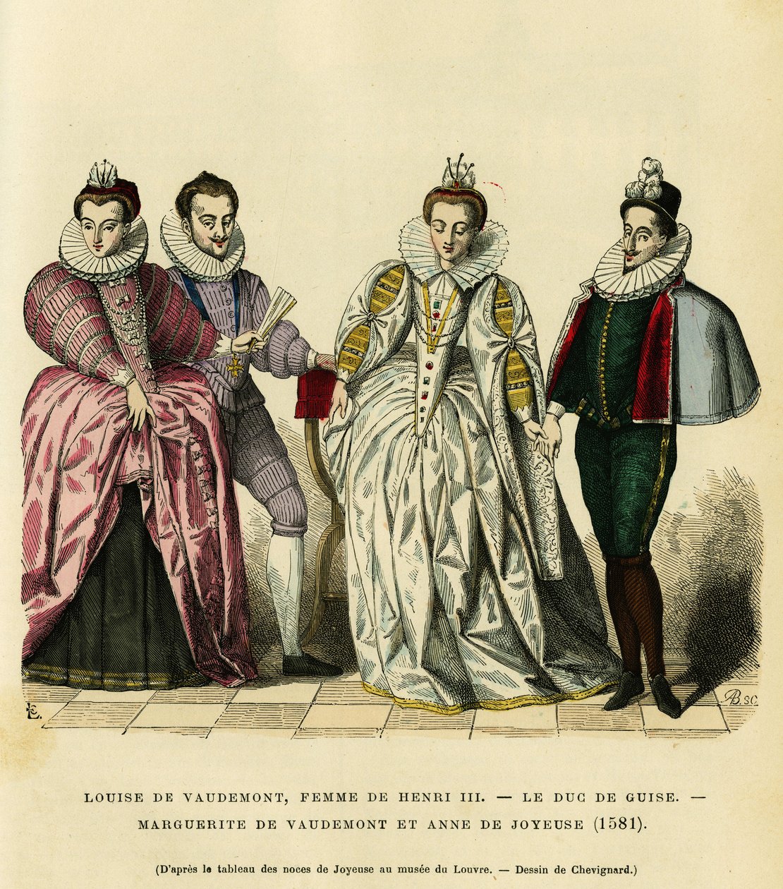 Ritratti nel 1581, di Luisa di Vaudémont (1553-1601), regina di Francia, moglie di Enrico III (1551-1589), del terzo duca di Guisa, Enrico I, detto il Balafré (1549-1588), di Margherita di Lorena (1564-1625) figlia del conte di Vaudémont (Nicolas) da French School