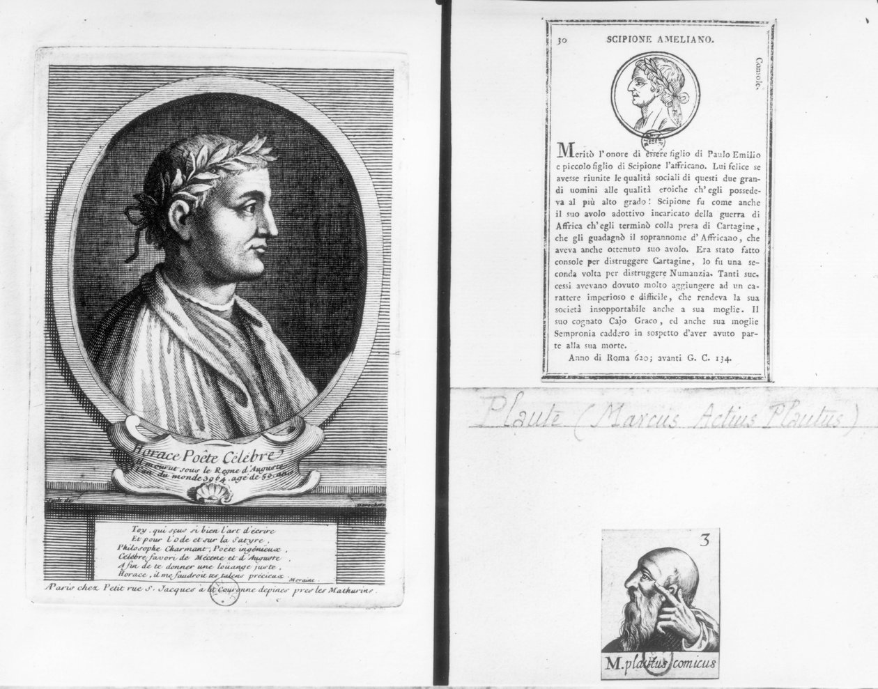 Ritratti di Orazio (65-8 a.C.), Scipione Emiliano (Africano Minore) (185-129 a.C.) e Plauto (c.254-184 a.C.) da French School